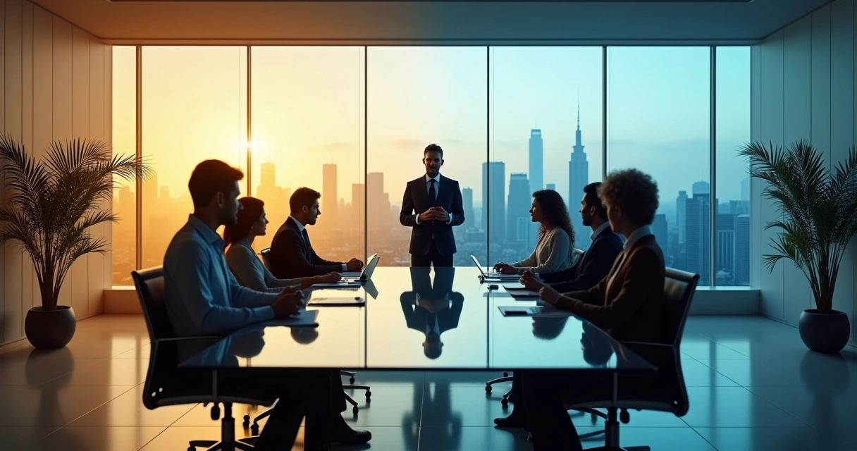 Leader standing between team and city skyline balancing empathy and authority 