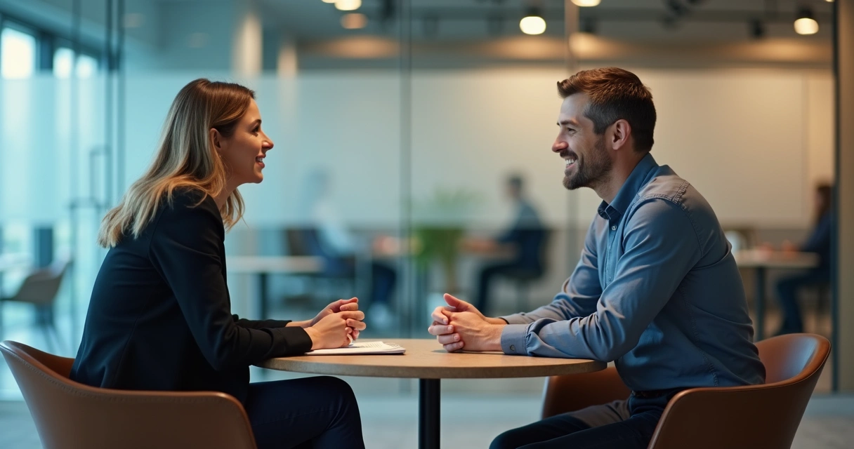 Leader and employee having a calm private conversation in an office