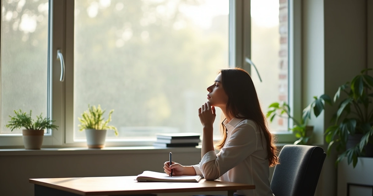 Professional reflecting calmly in an office with peaceful atmosphere 