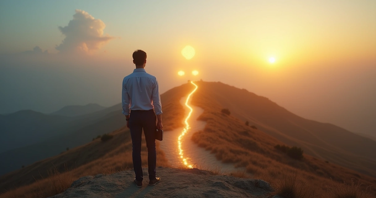 Leader standing on forked path with evolving symbols of values in the landscape 