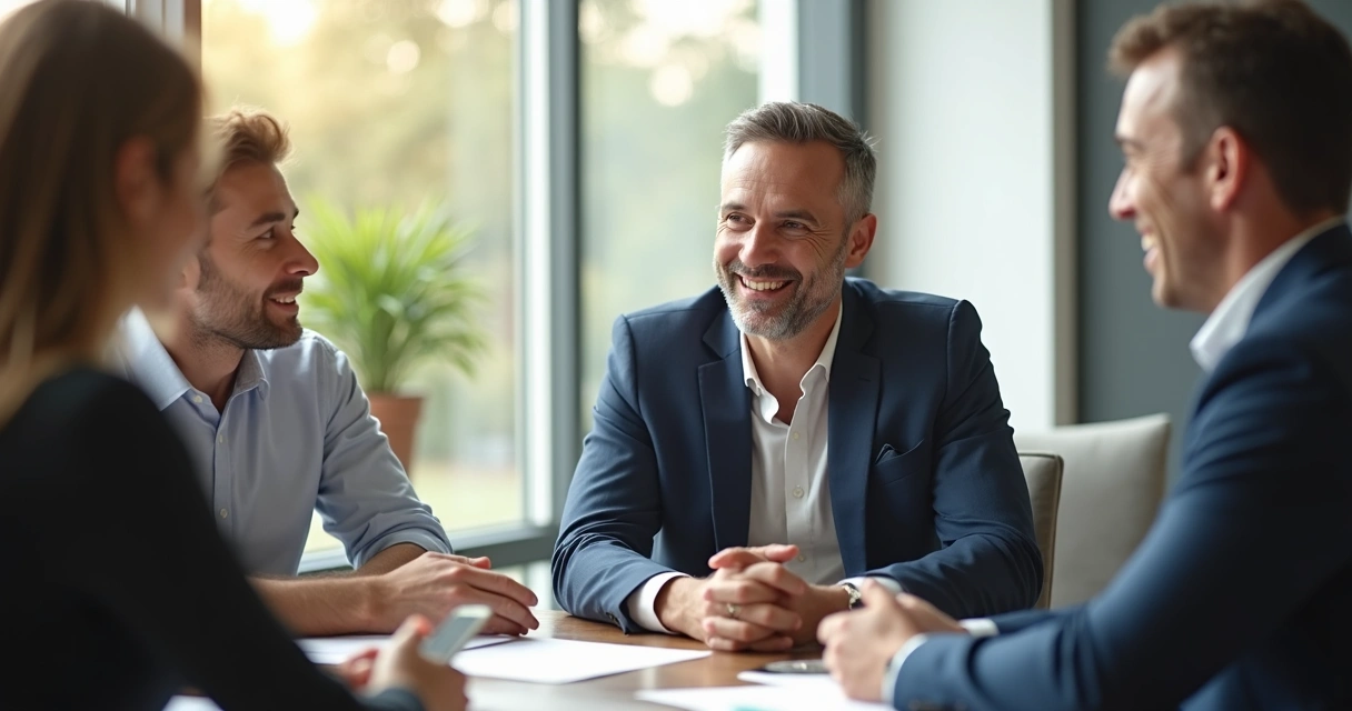 Leader smiling and maintaining soft eye contact during a team meeting