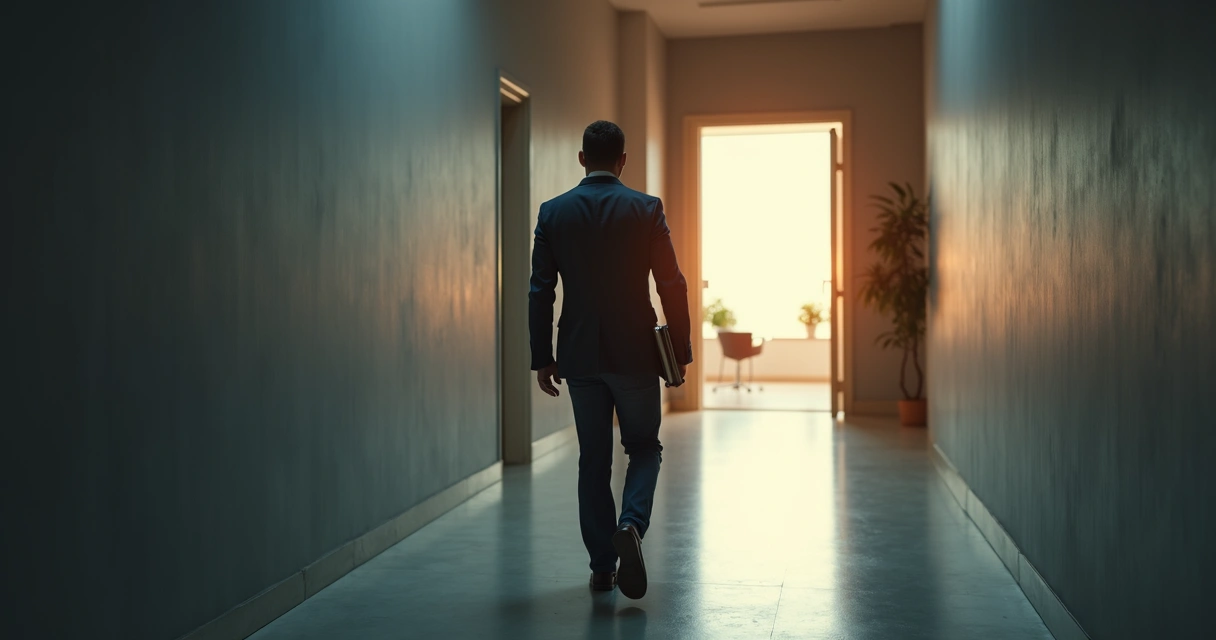 Person standing in a dim hallway pausing before a bright open doorway ahead 
