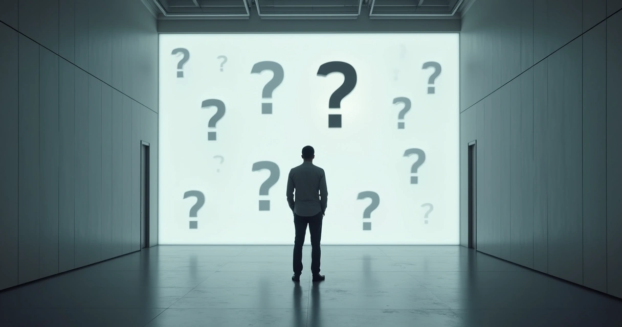 Leader facing a wall of question marks and a shadow with different posture 