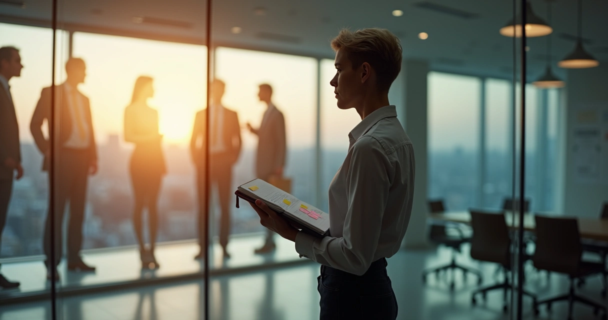 Leader in modern office study with ancestral shadows on glass wall 