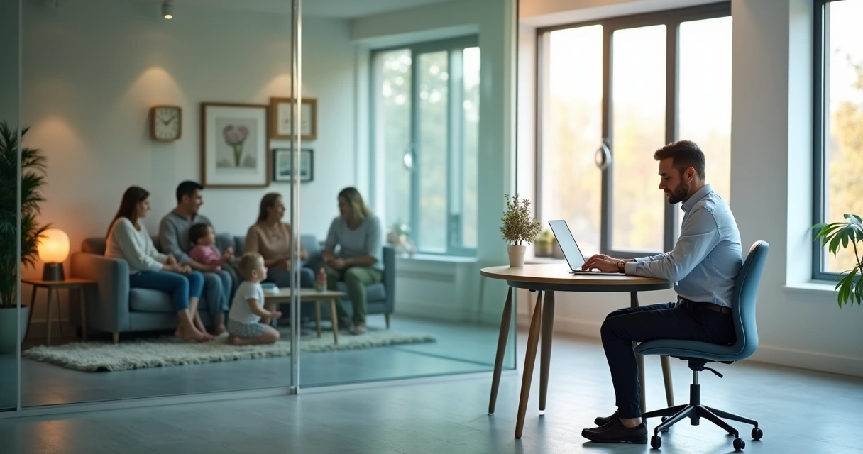 Leader in office reflected with family scene in glass wall 