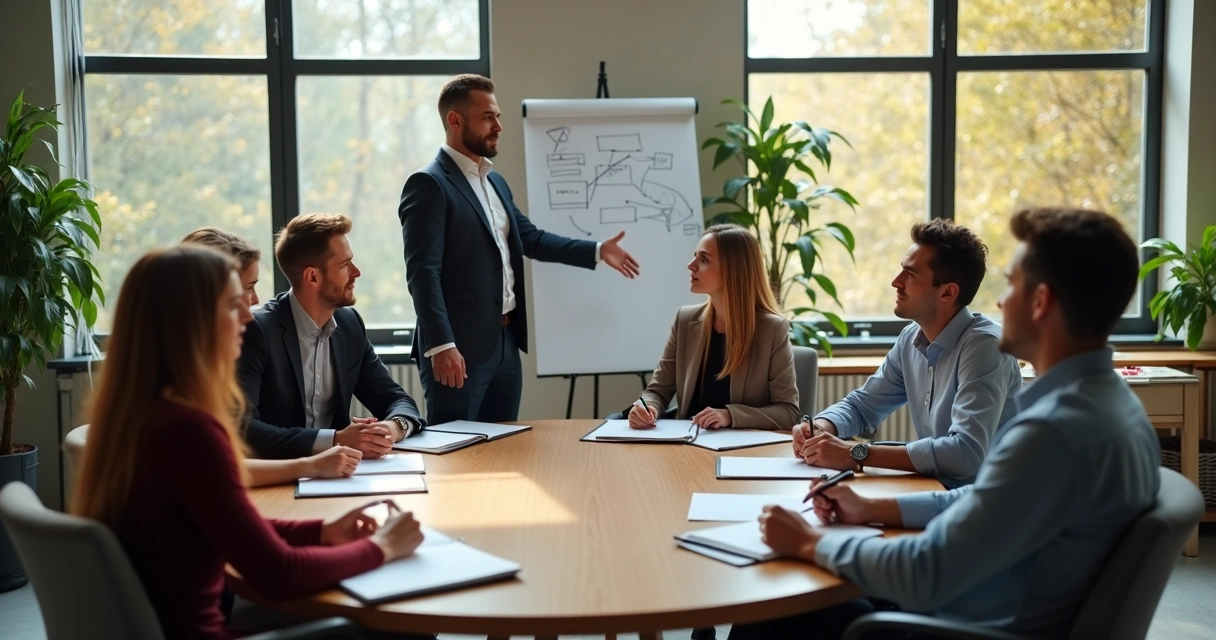 Leader guiding a team feedback circle in a modern office