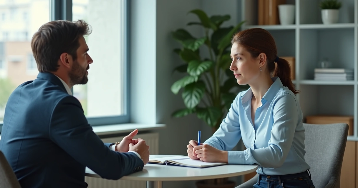 Leader speaking with team member in a private meeting 