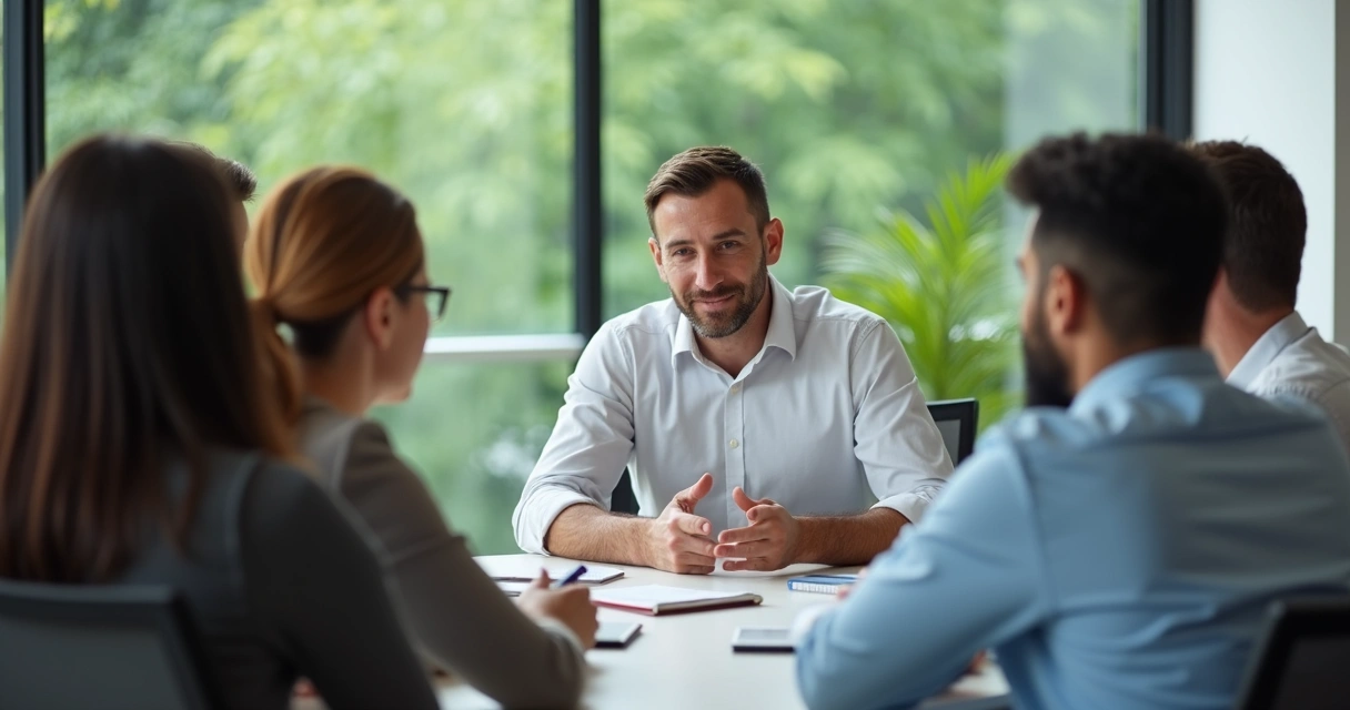 Leader giving gentle feedback during a team meeting 