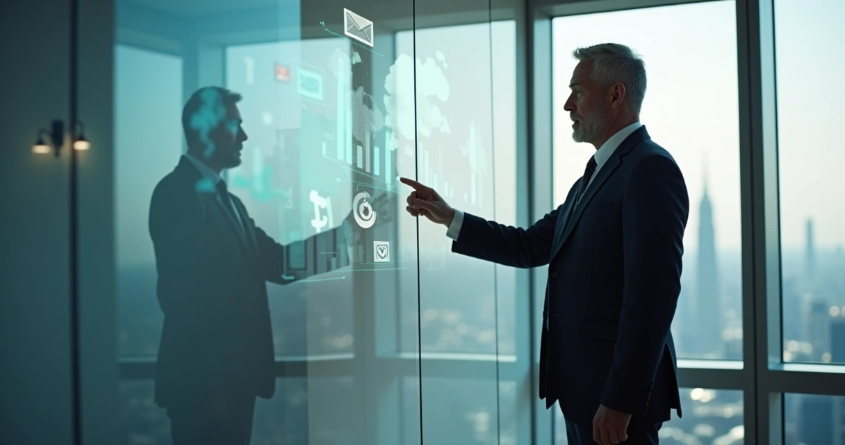 Executive giving a presentation while their shadow reveals hidden financial stress symbols 