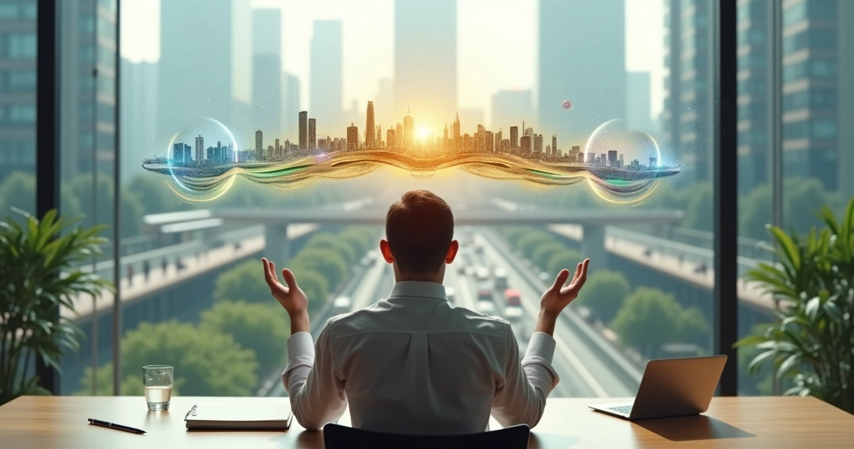 Leader at desk with five colored light streams shaping a cityscape 