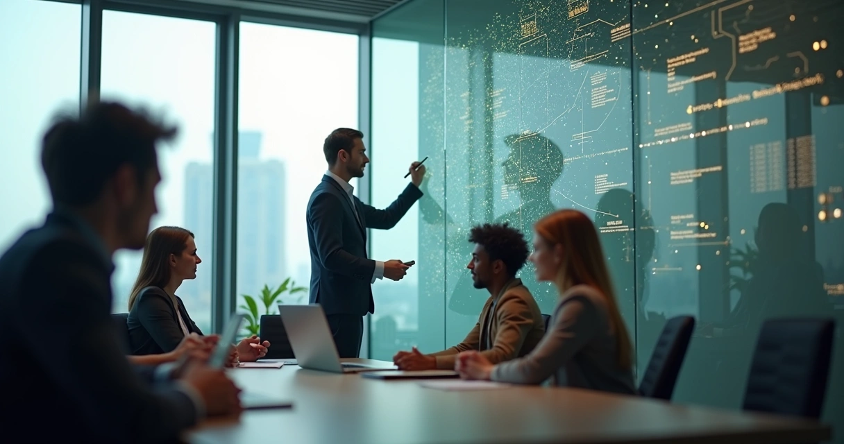 Leader at whiteboard with glowing connections forming incomplete network 