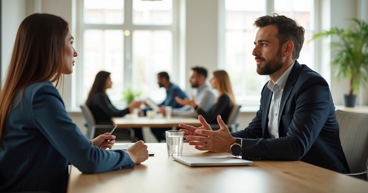 Leader offering thoughtful feedback to an employee in a calm office setting 