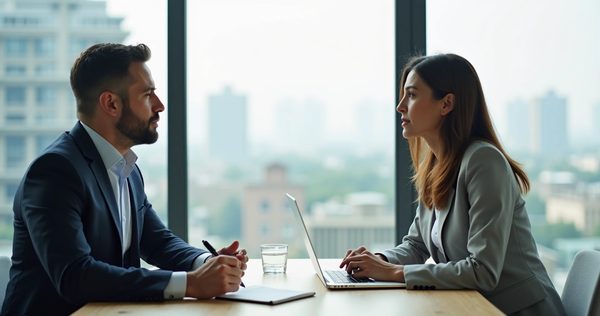 Coach and professional in reflective feedback conversation at modern office table 