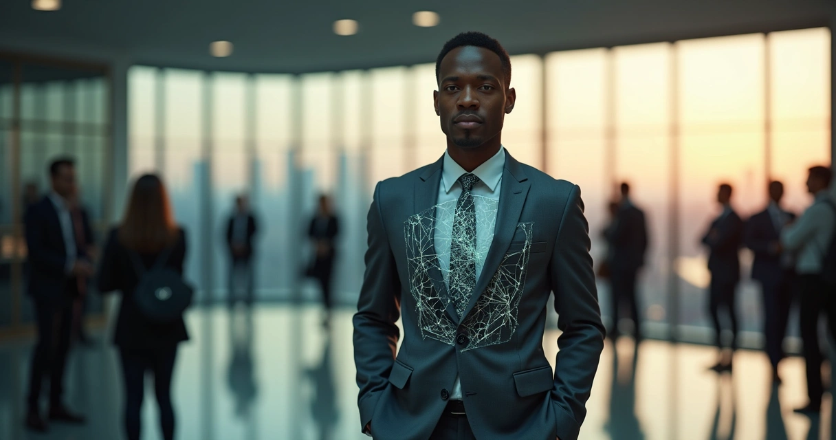 Executive with cracked glass armor showing real skin beneath 