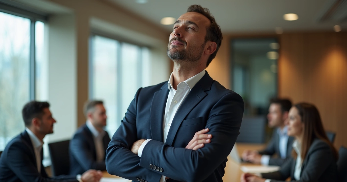 Business leader taking a slow breath with closed eyes in a conference room 
