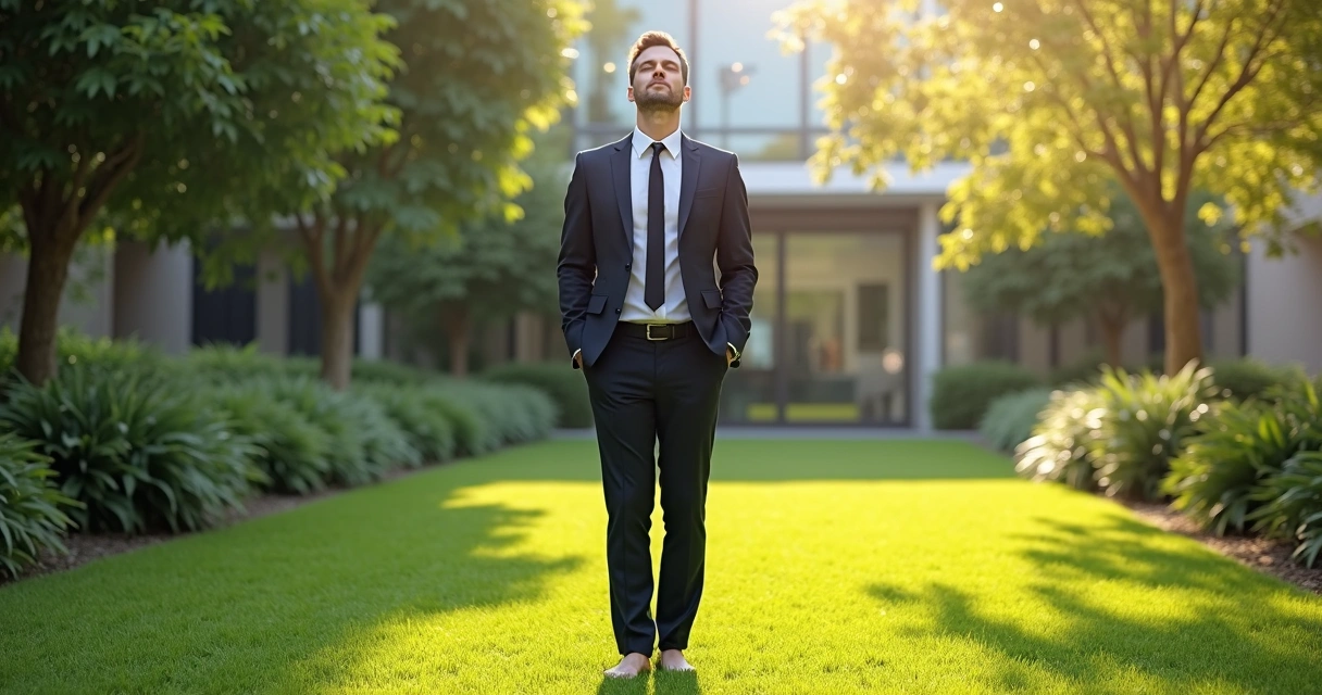 Manager standing barefoot on grass in an office garden, grounding themselves