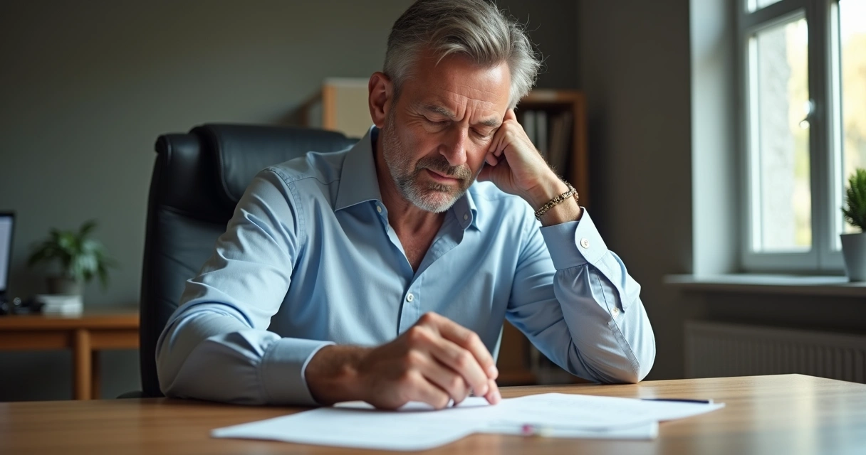Leader practicing grounding by touching desk in office environment.