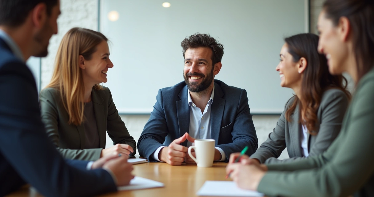 Leader supporting group in open conversation. 