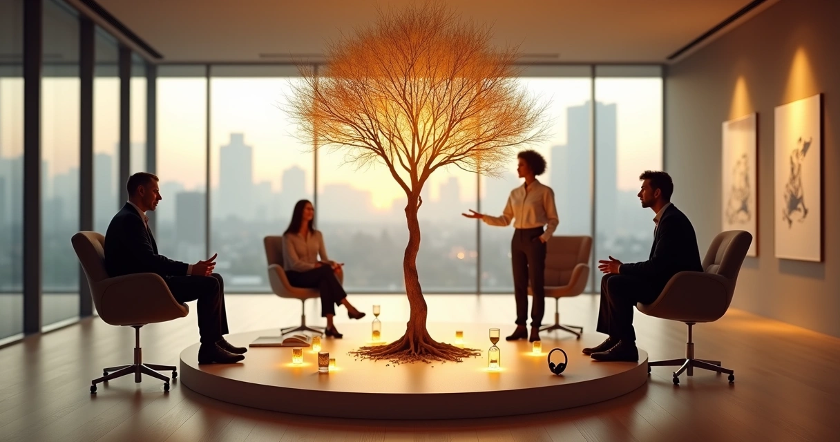 Leader guiding a team as they nurture a glowing tree indoors 