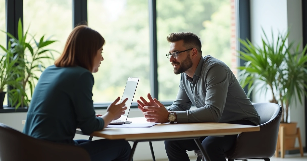 Leader giving thoughtful advice to a teammate in a bright office 