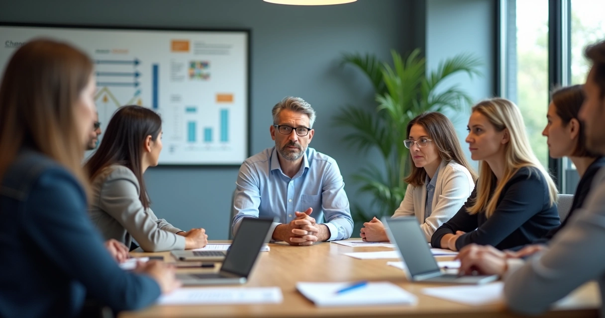 Calm leader listening to a diverse team in a meeting with tension in the room 