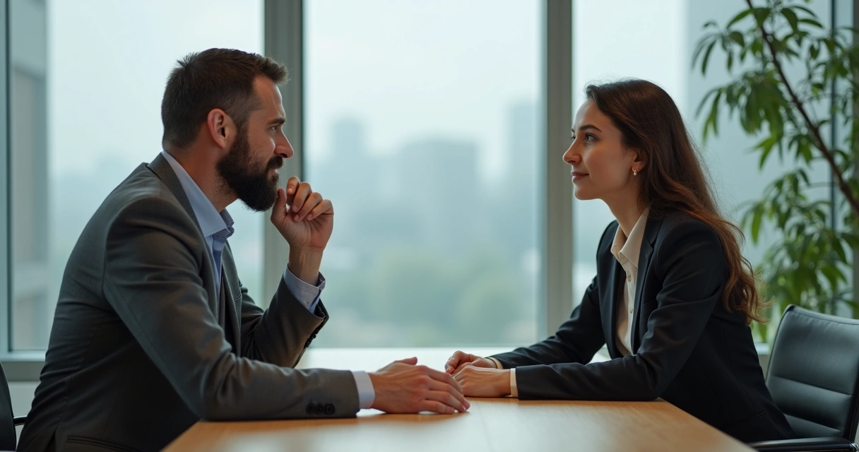 Leader having a reflective conversation in a modern office