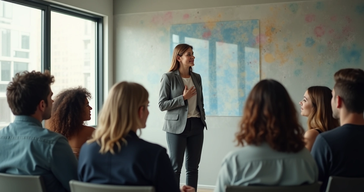 Leader standing with hand on heart in front of team