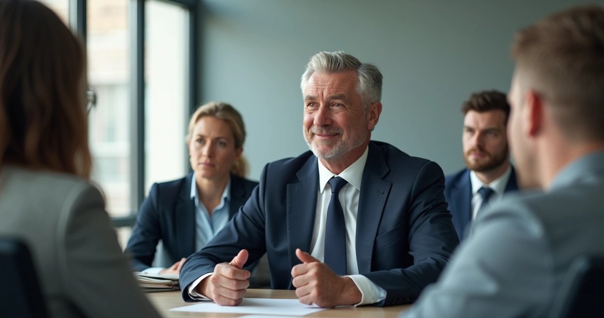 Manager sitting at a desk hiding emotions from team 