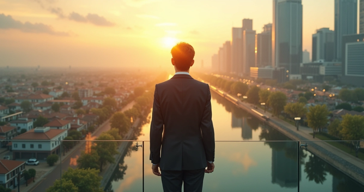 Leader overlooking split landscape of past and future paths 