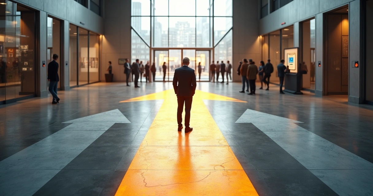 Executive at crossroads ignoring glowing ethical signals 