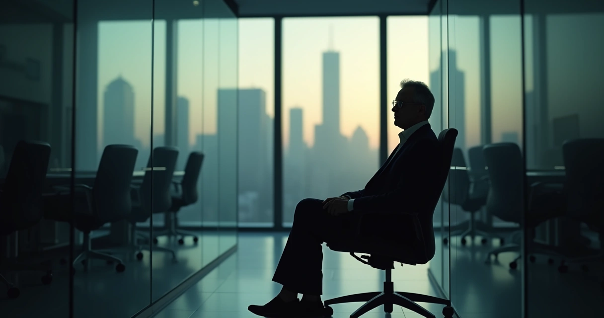 Business leader sitting in shadow in an office, appearing introspective, with soft ambient lighting and blurred background 