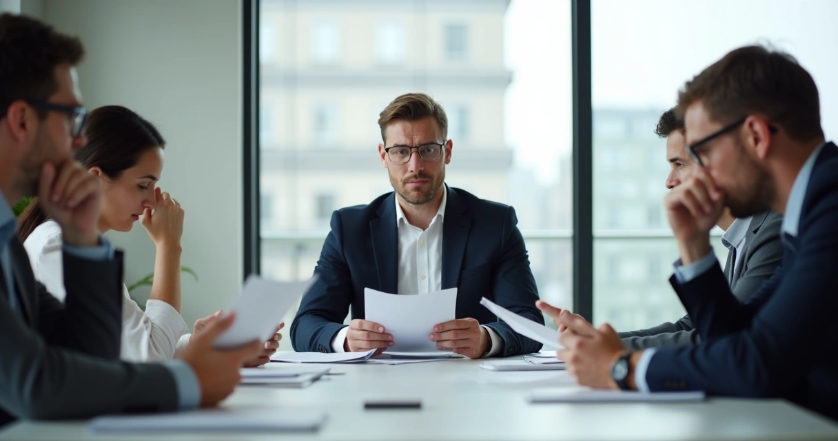 Leader sits calmly at a conference table while team members look tense