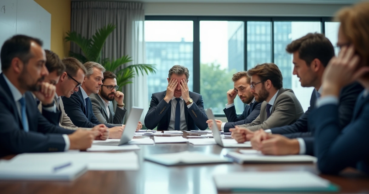 Fatigued leader in conference room with coworkers