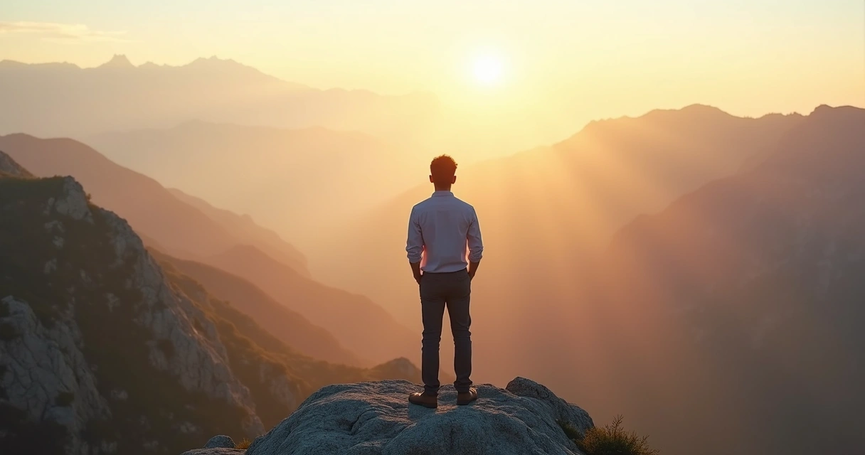 Leader standing on a mountain at sunrise looking over a clear valley 