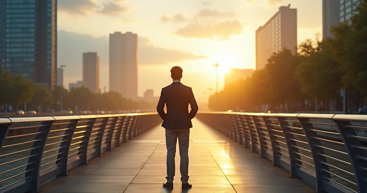 Leader standing on a bridge between rough shadows and calm light 