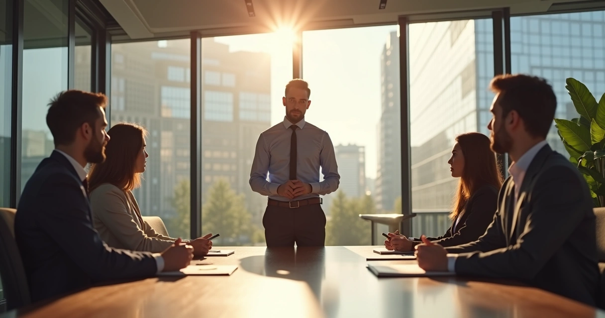 Leader standing confidently with attentive team in a meeting room 