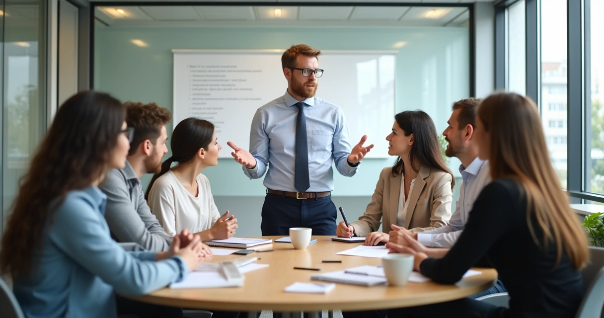 Leader inviting feedback in a calm group discussion
