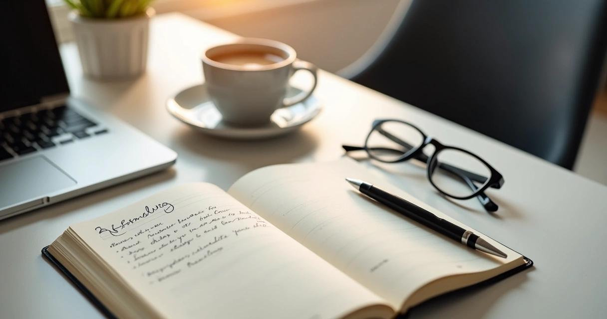 Open journal and coffee on a desk during a leadership reflection moment