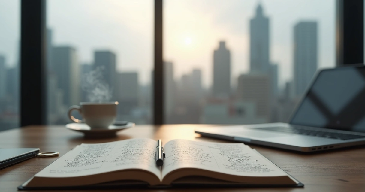 Open journal and coffee on a desk by a window 