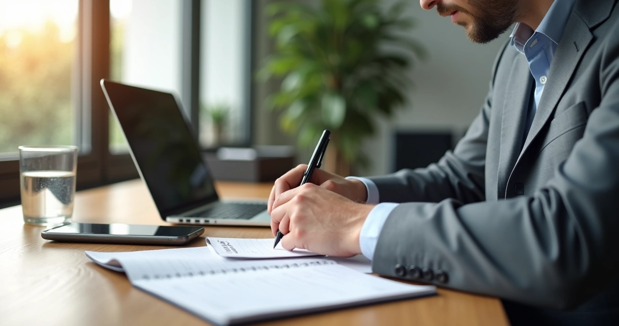 Leader writing notes at a desk after a meeting