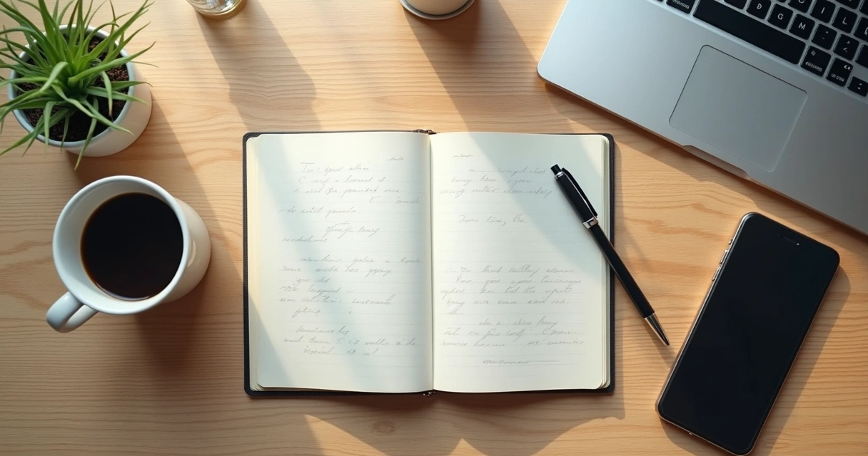Notebook, coffee, and laptop on a desk during leadership reflection 