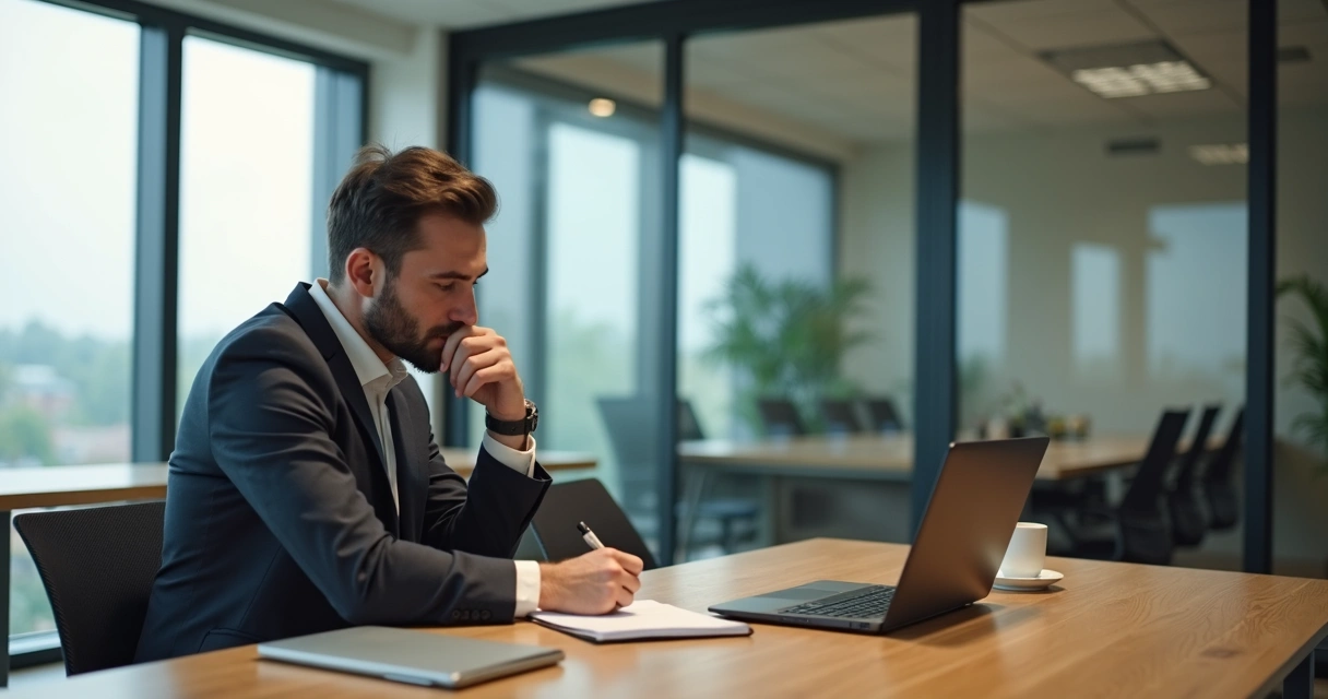 Leader writing notes beside a window after a meeting 