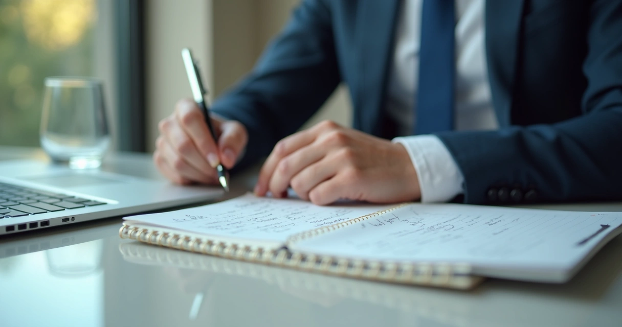 Leader writing notes in a journal after a meeting