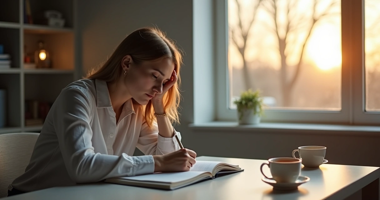 Manager sitting at a desk, writing in a notebook with a calm expression, surrounded by soft lighting and minimal decor