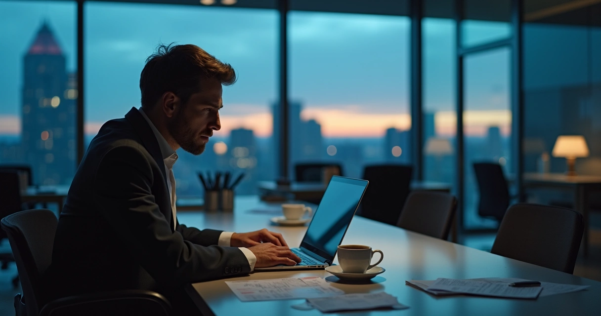 Leader sitting alone in a dim office at night 