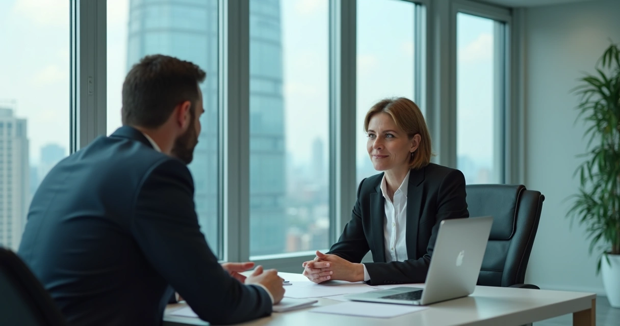 Manager listening to employee in modern office, empathetic body language