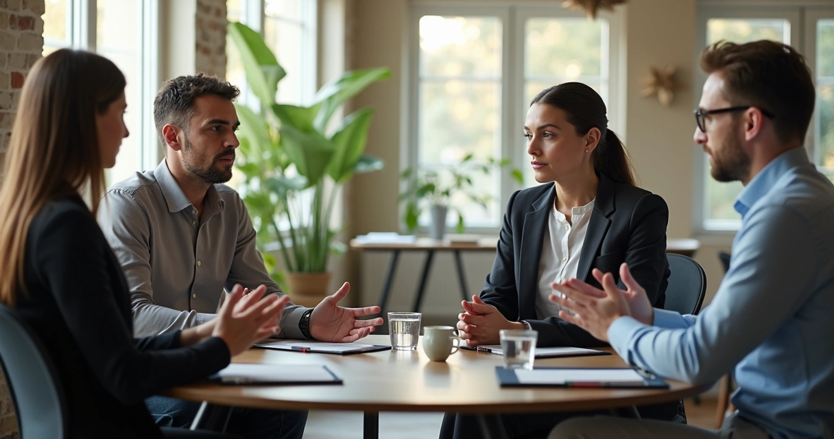 Leader listening to team in a small group discussion 