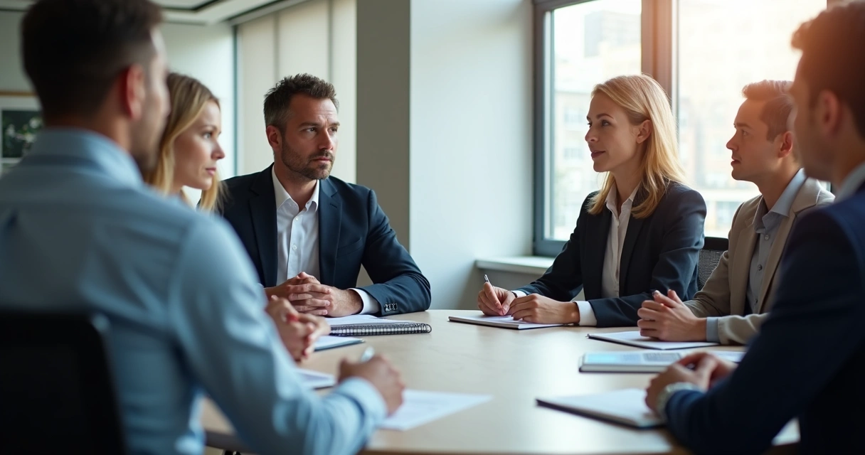 Leader listening during a team meeting with calm posture 