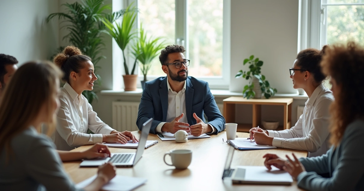 Leader listening during a team meeting with open body language