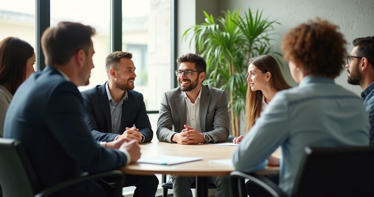 Team leader listening to diverse group in meeting room 